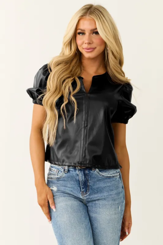 Black Faux Leather Puff Sleeve Top sold by Lime Lush