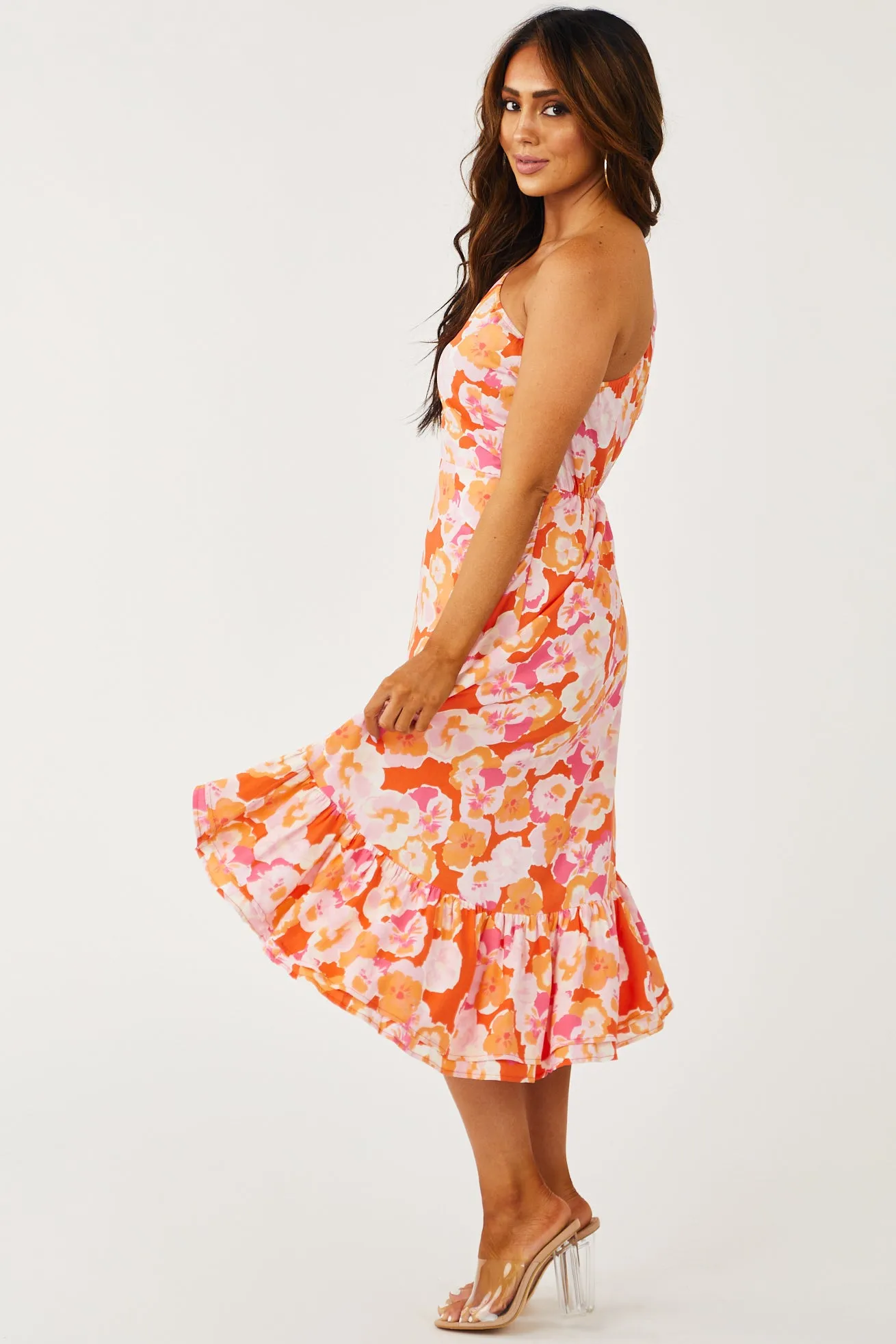 Orange One Shoulder High Low Floral Midi Dress sold by Lime Lush product image thumbnail 3