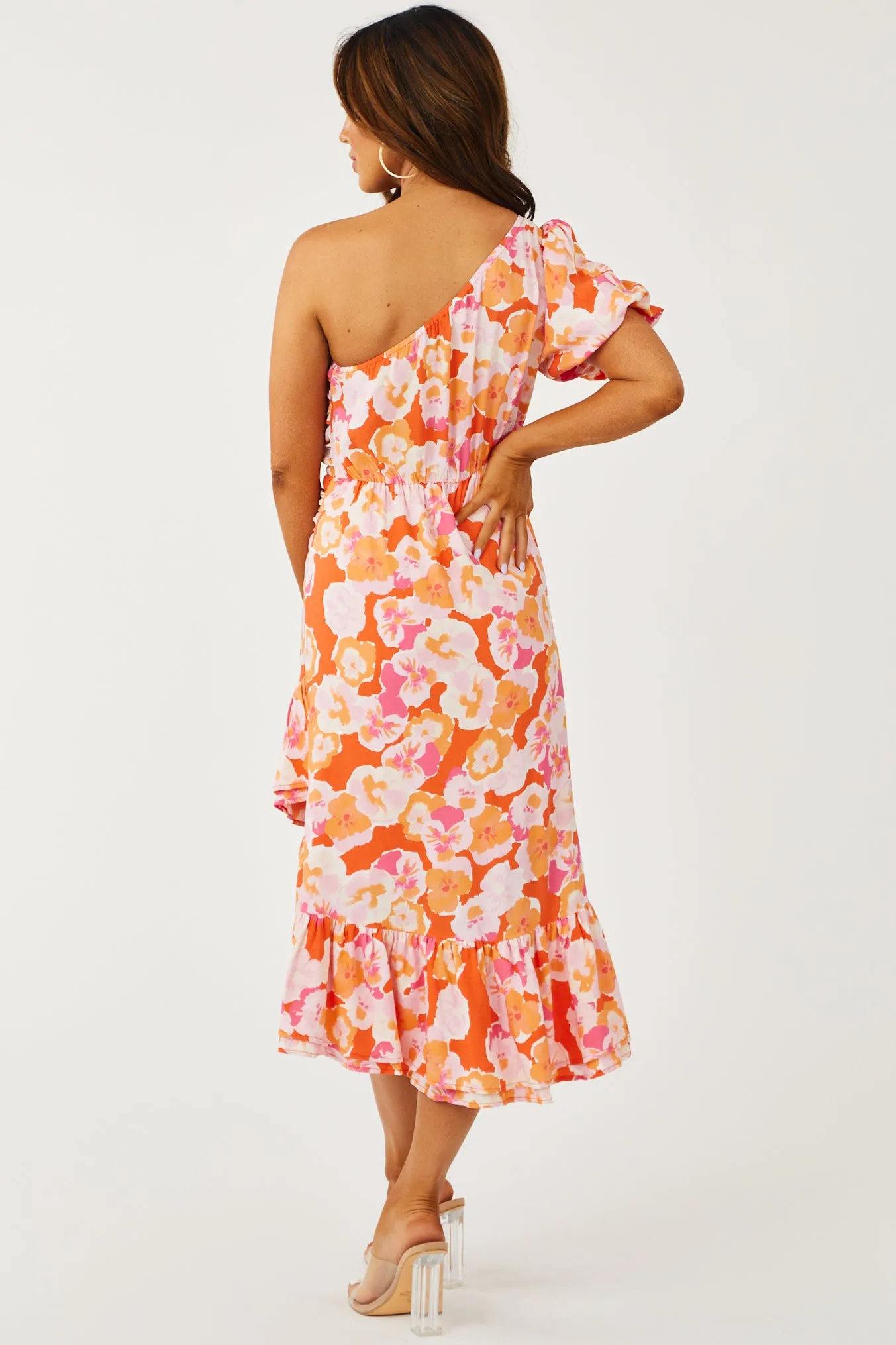 Orange One Shoulder High Low Floral Midi Dress sold by Lime Lush product image thumbnail 5