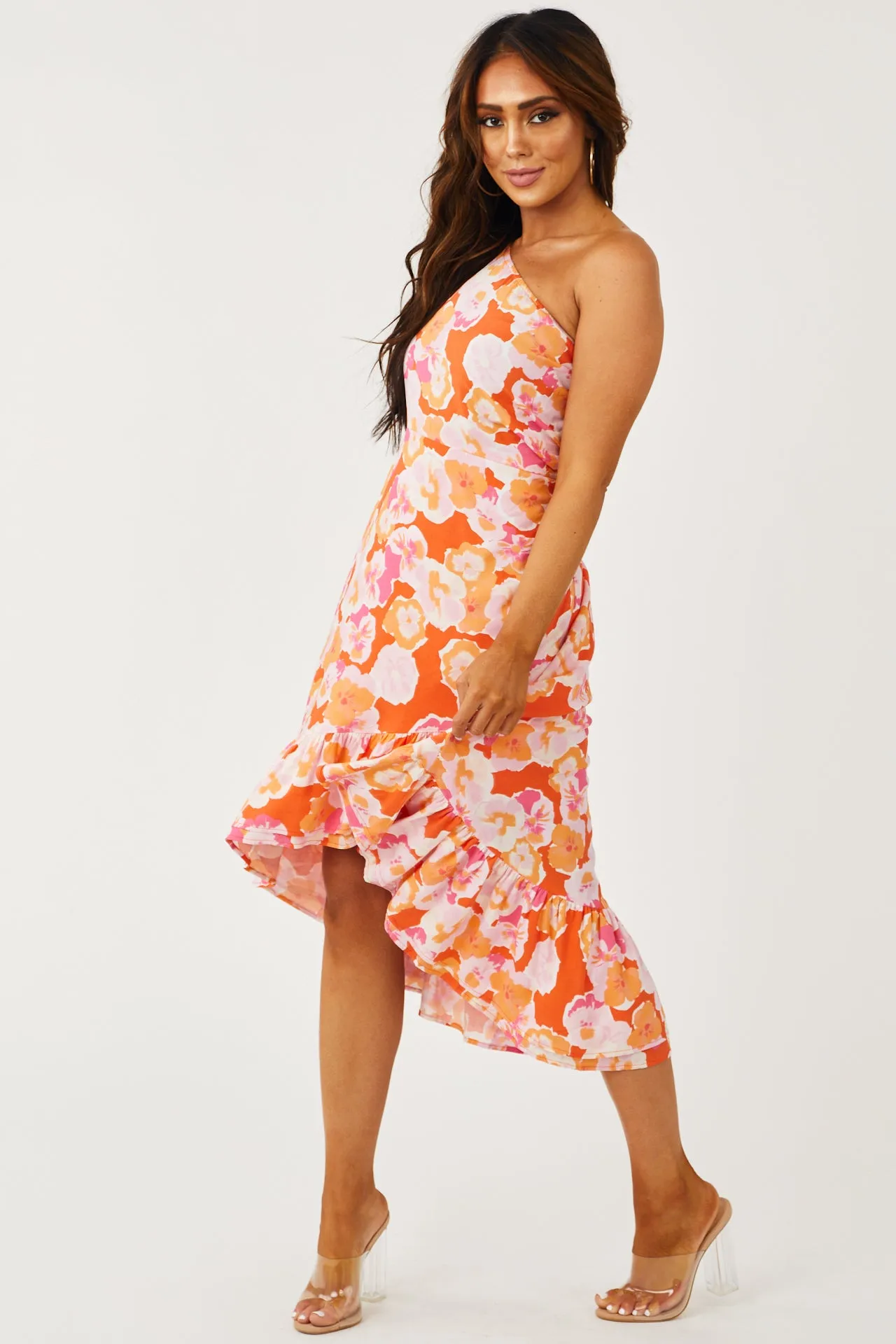 Orange One Shoulder High Low Floral Midi Dress sold by Lime Lush