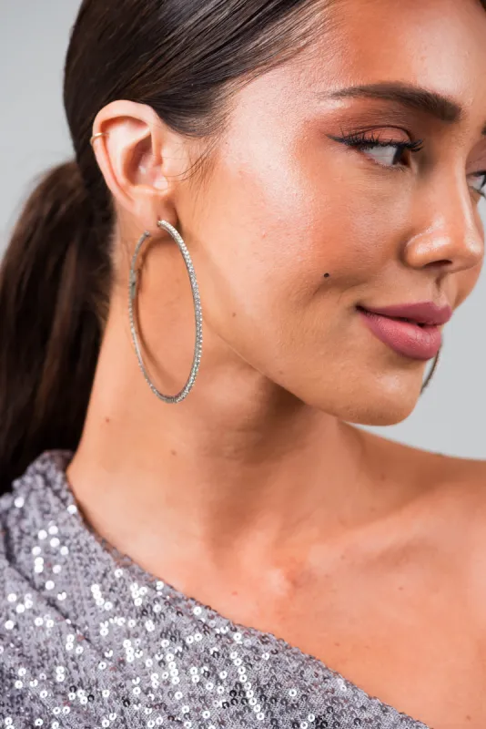 Silver Rhinestone Paved Large Hoop Earrings sold by Lime Lush