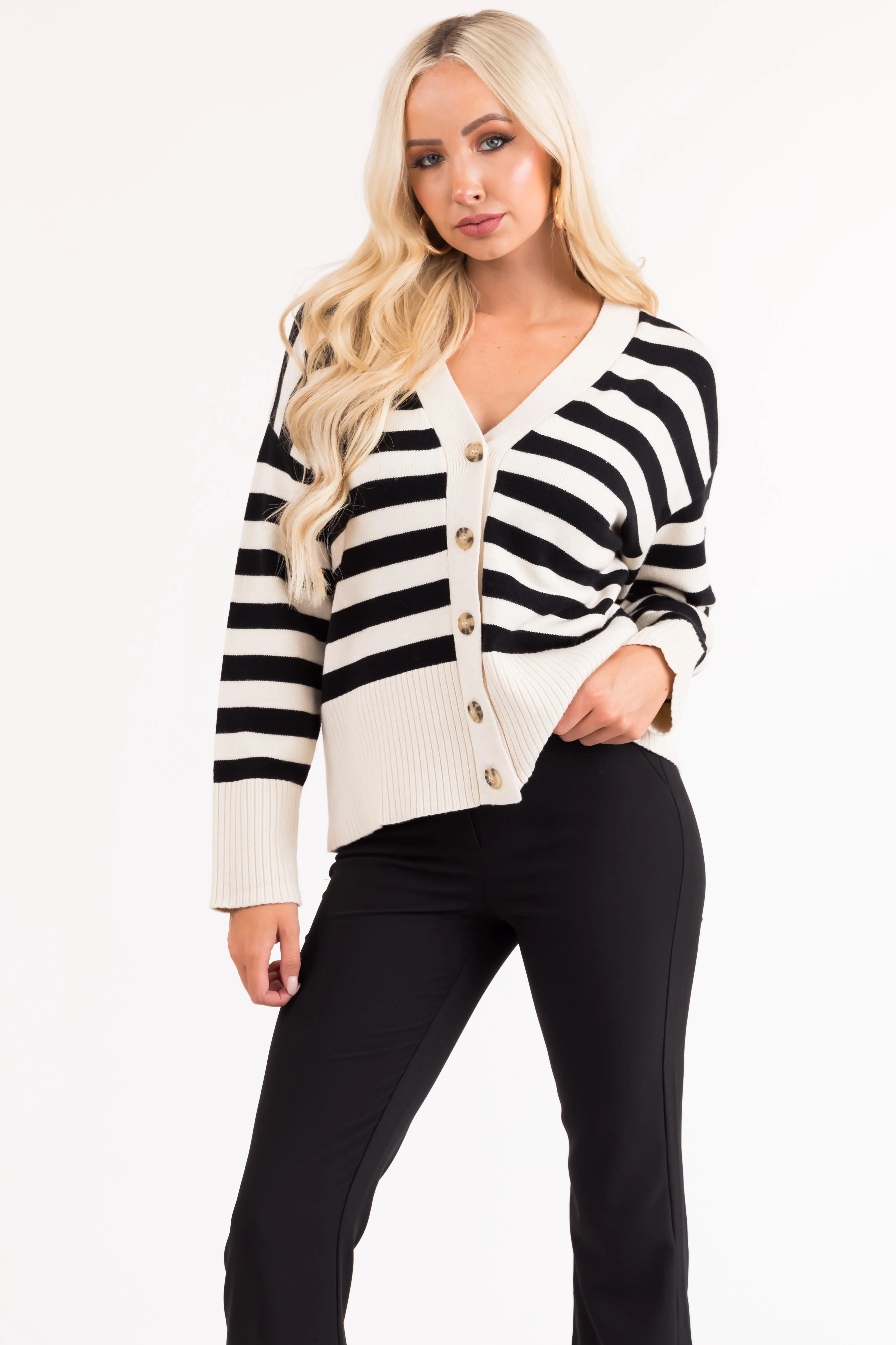 Black and Vanilla Striped Button Up Cardigan sold by Lime Lush product image thumbnail 2