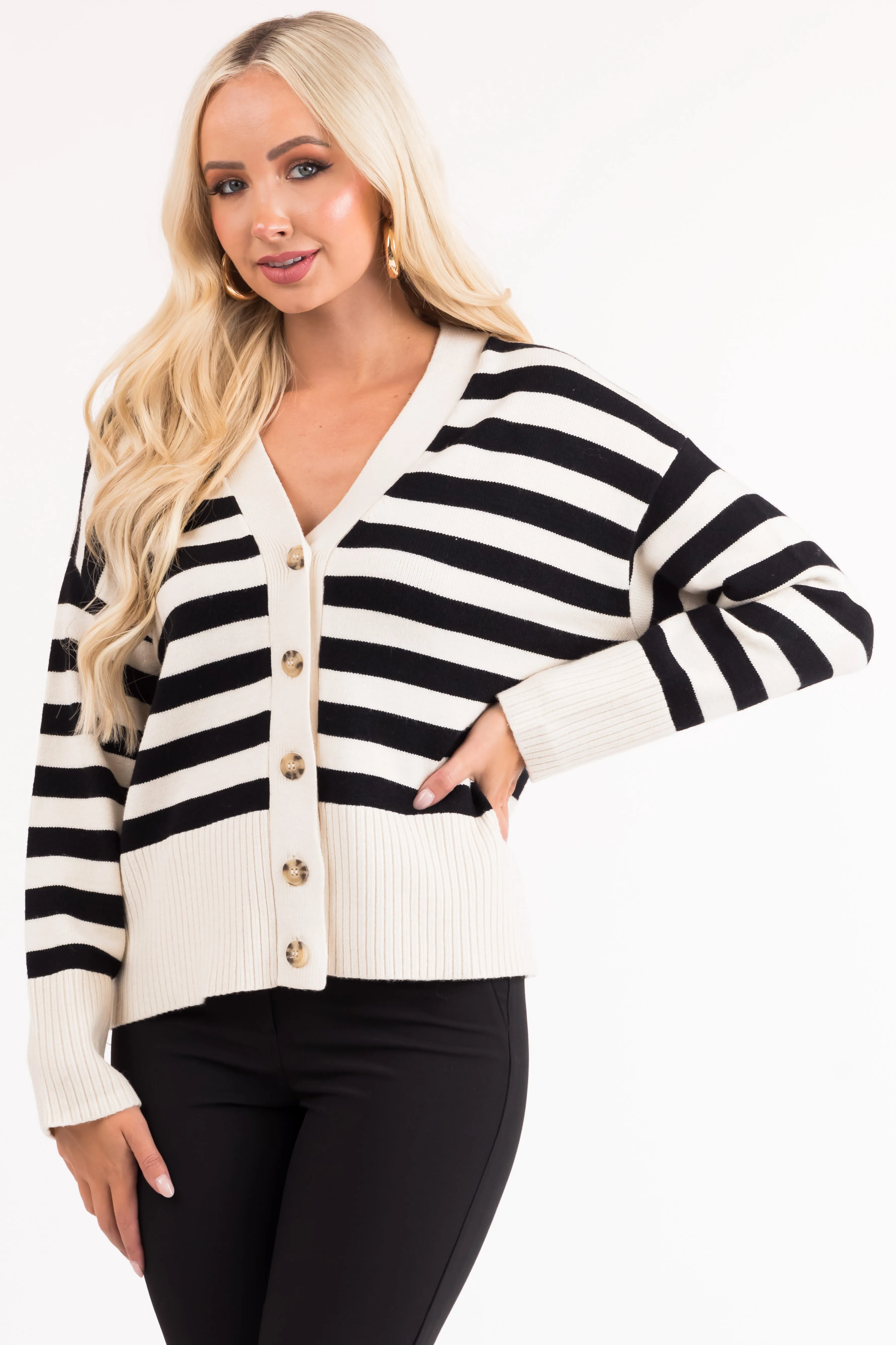 Black and Vanilla Striped Button Up Cardigan sold by Lime Lush