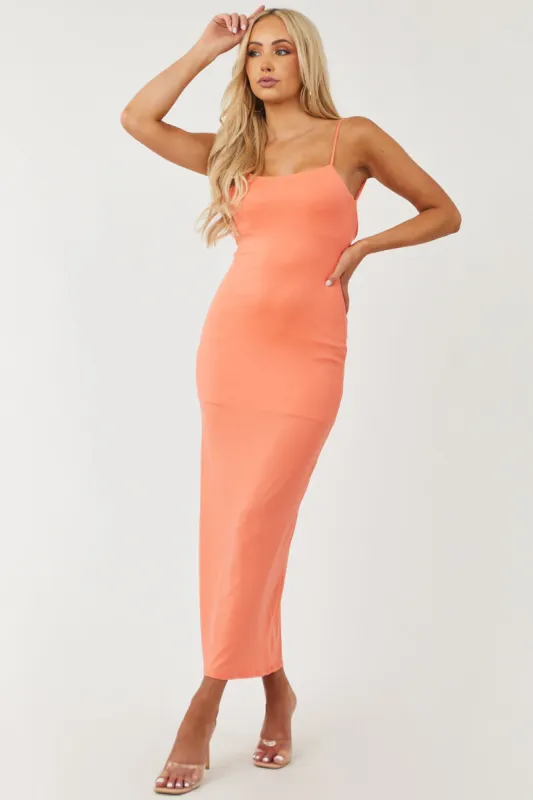 Coral Open Back Sleeveless Knit Maxi Dress sold by Lime Lush