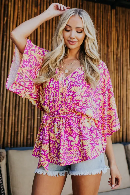 Flying Tomato Magenta Printed Surplice Top with Waist Tie made by Lime Lush