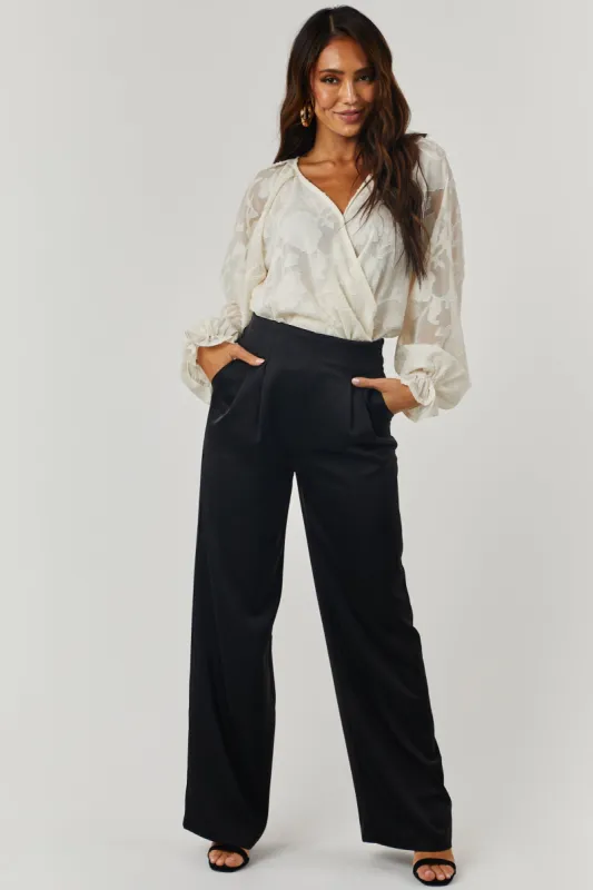 Black Satin High Waisted Wide Leg Pants with Pockets sold by Lime Lush