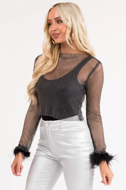 Black Rhinestone Sheer Feather Sleeve Crop Top sold by Lime Lush