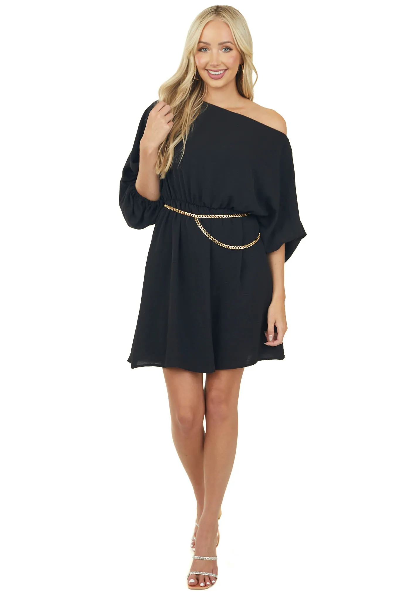 Black Boat Neck Cinched Waist Mini Dress sold by Lime Lush product image thumbnail 2