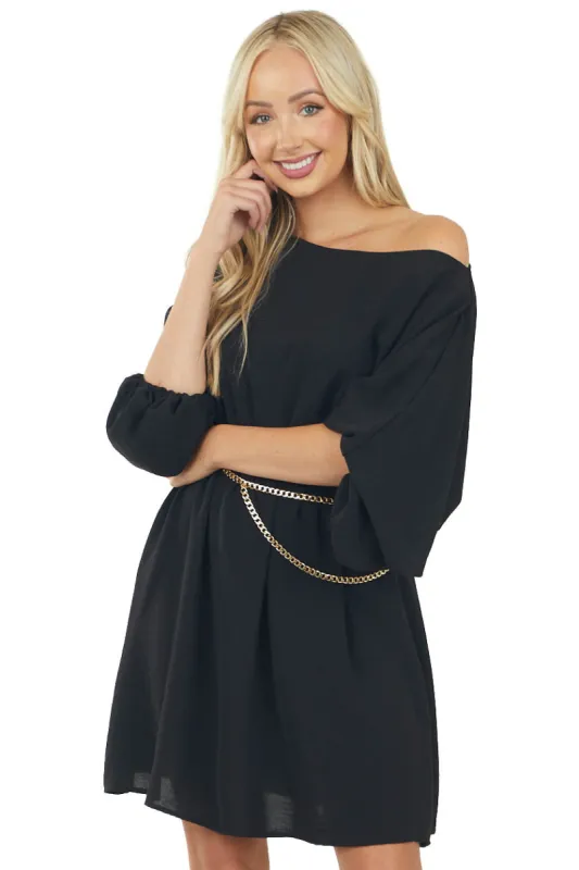 Black Boat Neck Cinched Waist Mini Dress sold by Lime Lush
