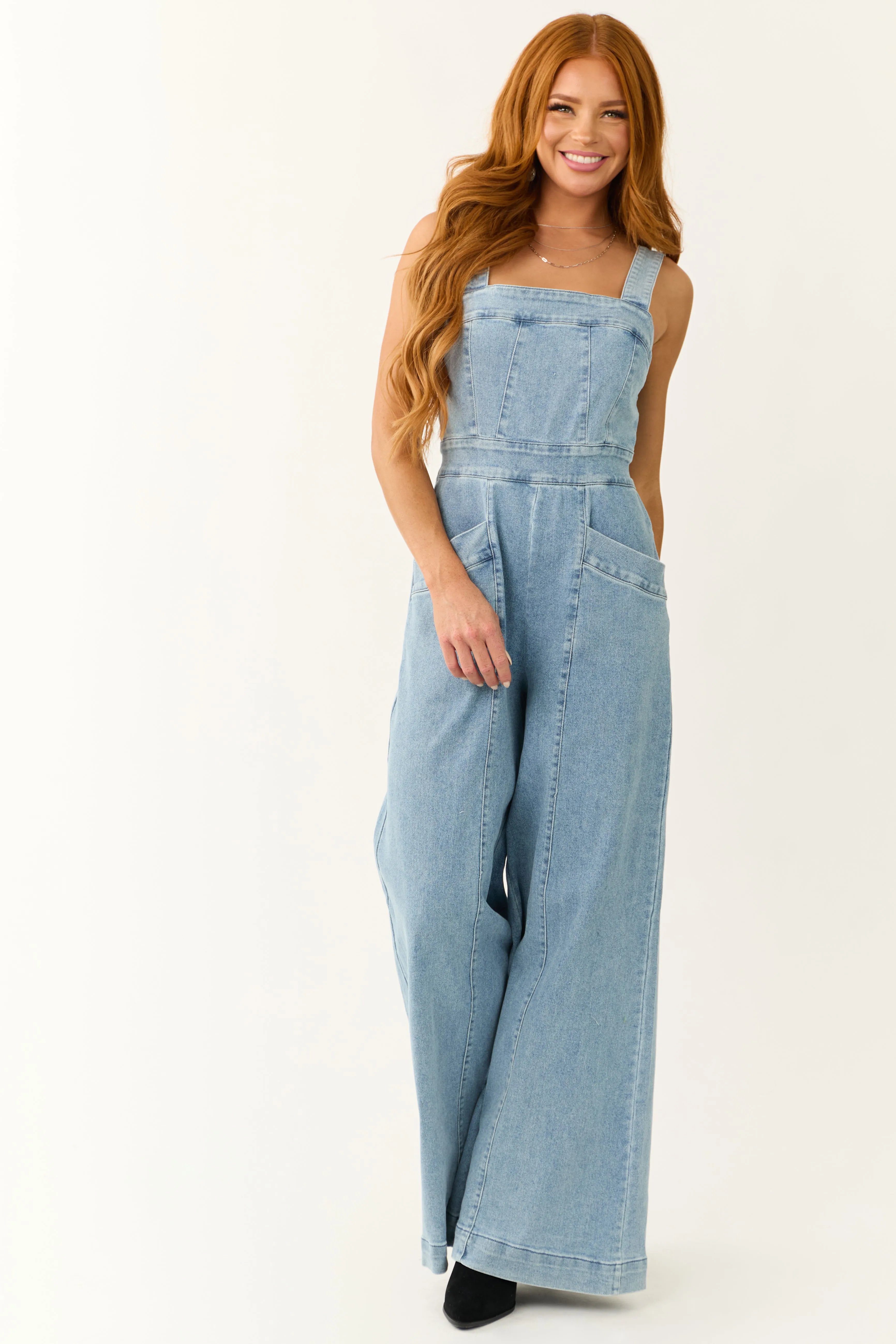 Medium Wash Denim Wide Leg Jumpsuit sold by Lime Lush product image thumbnail 2