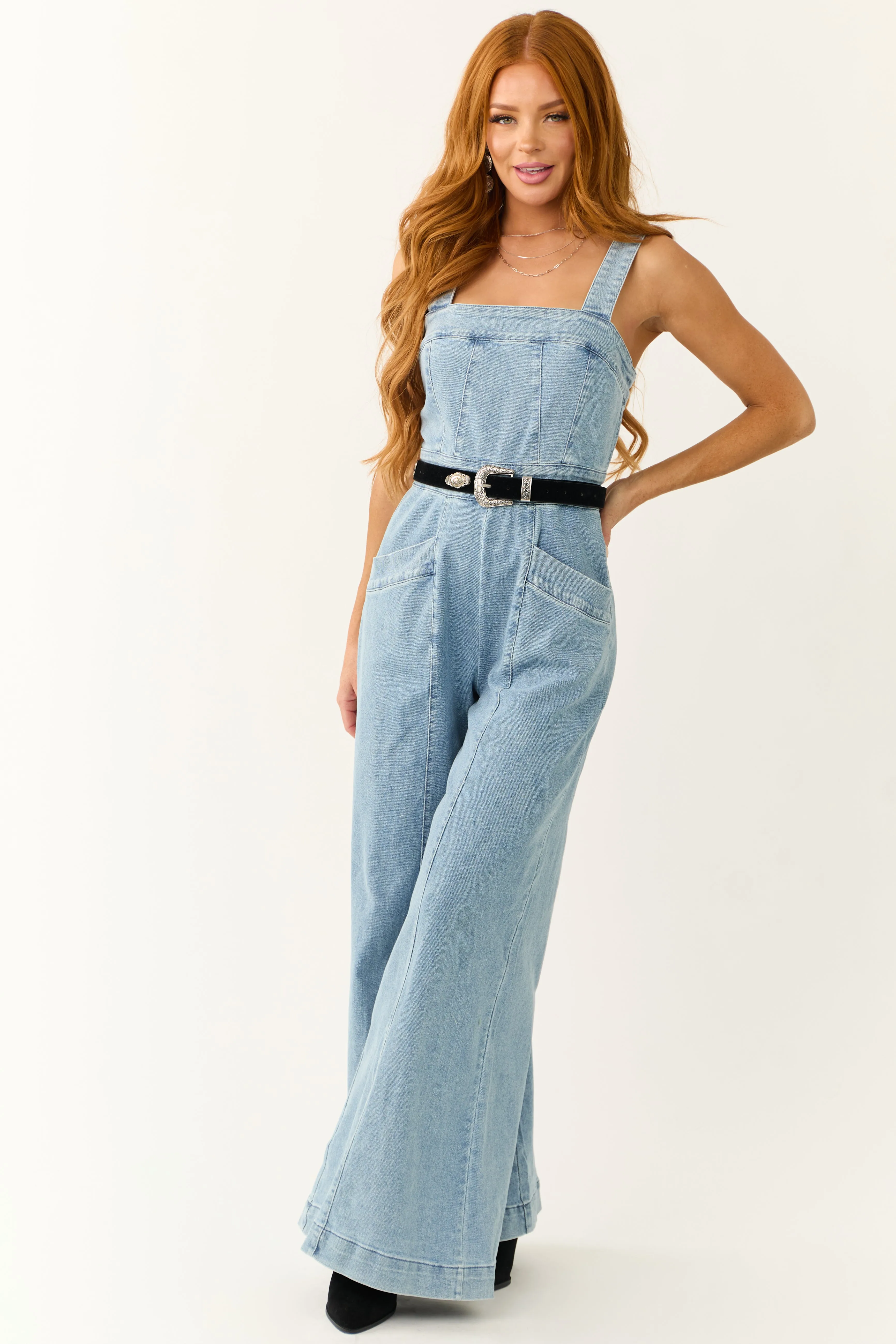 Medium Wash Denim Wide Leg Jumpsuit sold by Lime Lush product image thumbnail 3