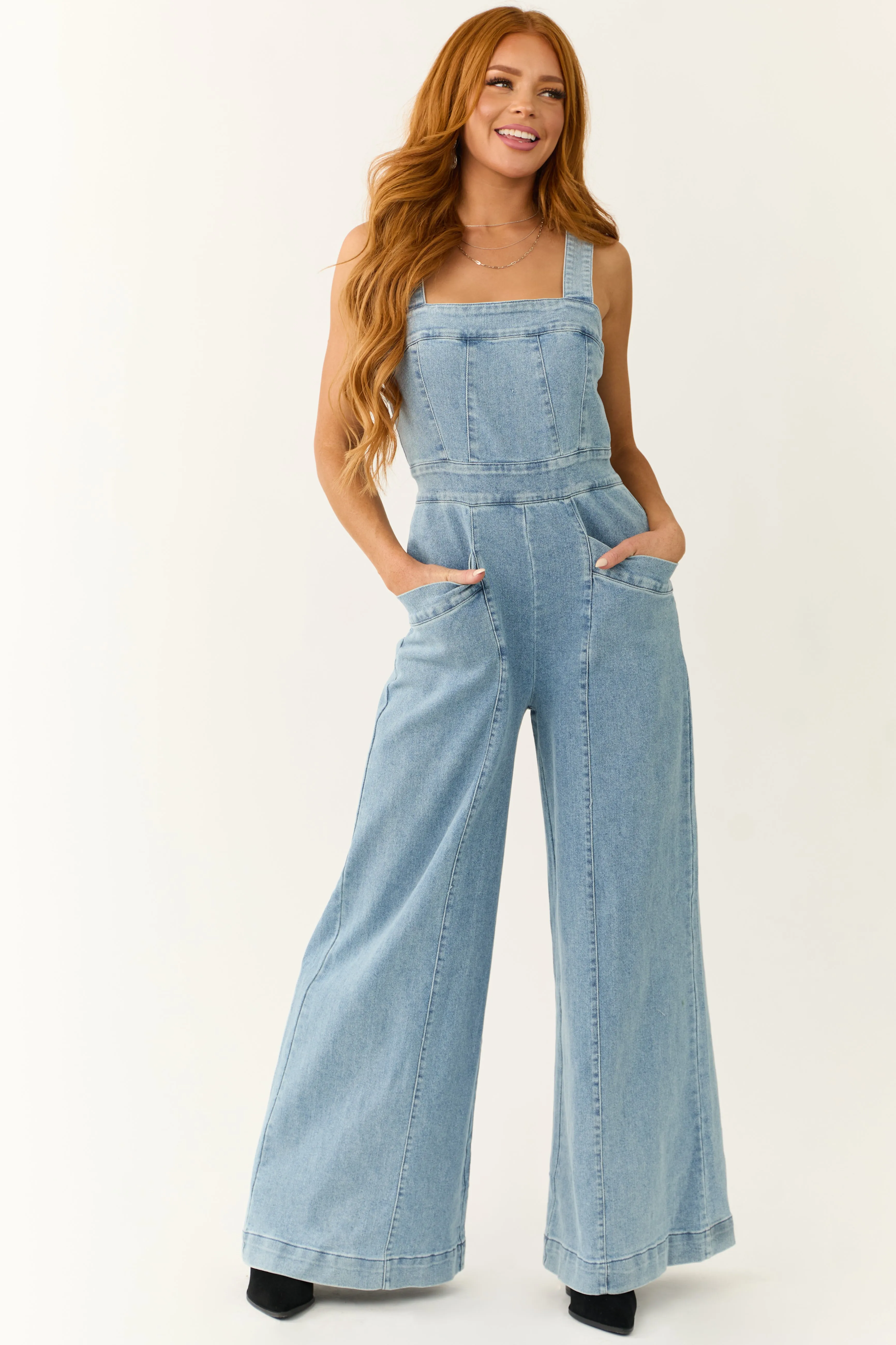 Medium Wash Denim Wide Leg Jumpsuit sold by Lime Lush