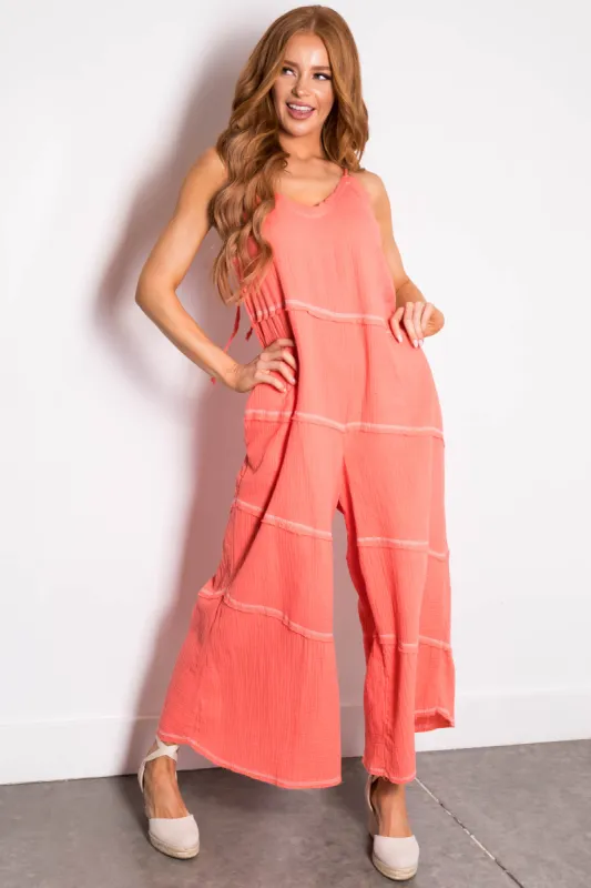 Coral Sleeveless Seam Details V Neck Jumpsuit sold by Lime Lush