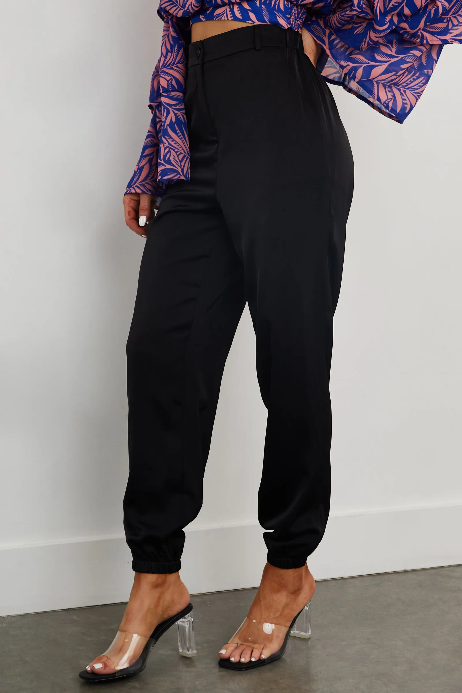 Black Zipper Fly Satin Jogger Pants with Pockets sold by Lime Lush product image thumbnail 3