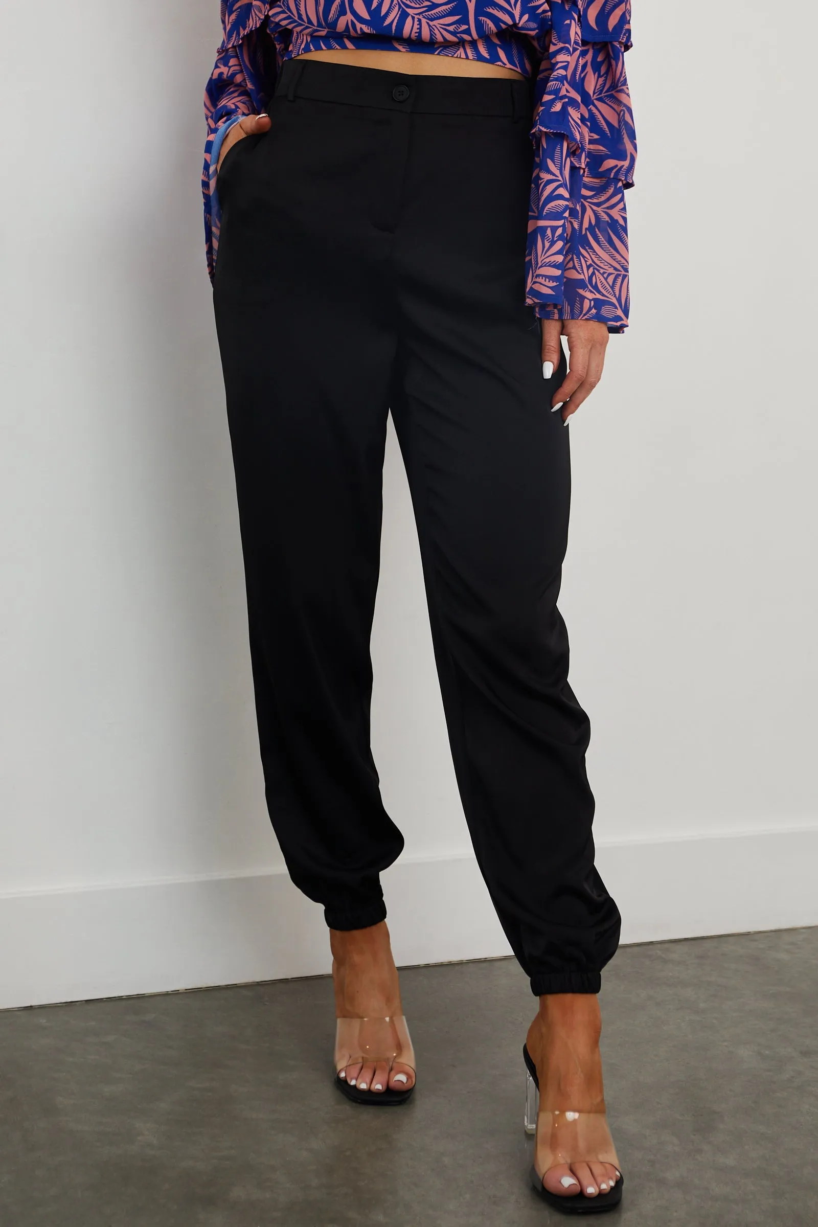 Black Zipper Fly Satin Jogger Pants with Pockets sold by Lime Lush product image thumbnail 2