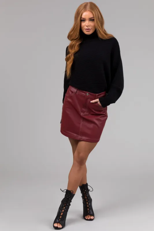 Burgundy Contrast Stitch Pleather Mini Skirt sold by Lime Lush