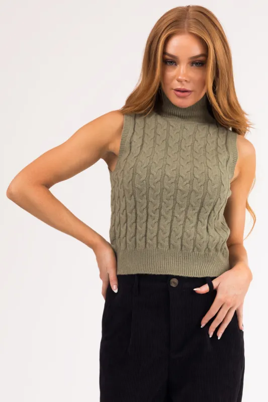 Dusty Olive Mock Neck Cable Knit Tank Top sold by Lime Lush