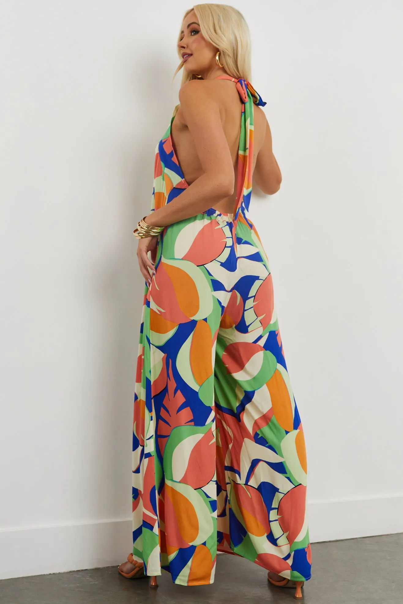 Salmon Tropical Print Halter Wide Leg Jumpsuit sold by Lime Lush product image thumbnail 4