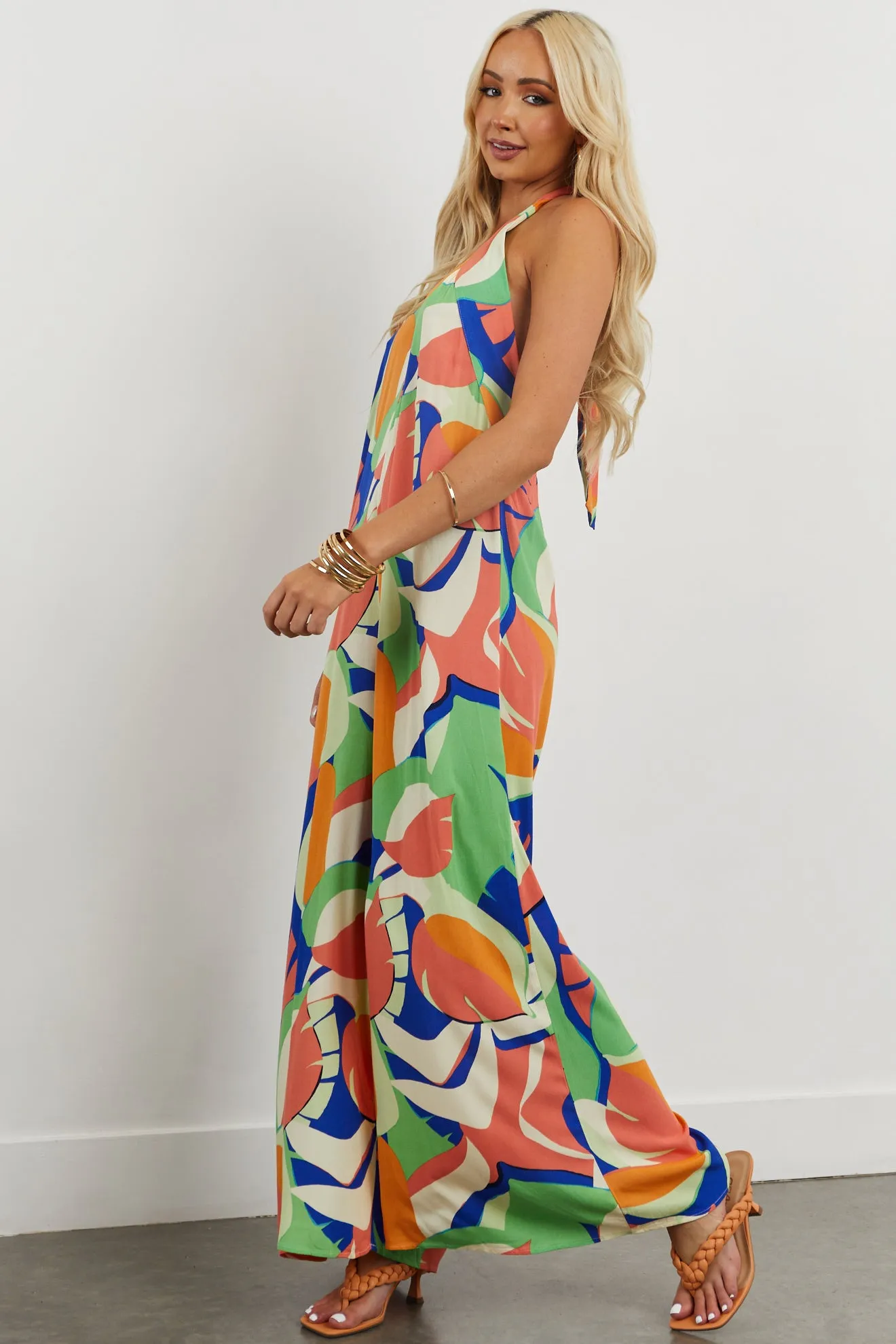 Salmon Tropical Print Halter Wide Leg Jumpsuit sold by Lime Lush product image thumbnail 3