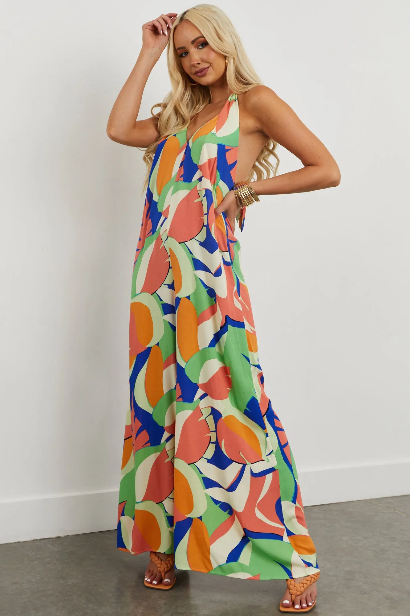Salmon Tropical Print Halter Wide Leg Jumpsuit sold by Lime Lush product image thumbnail 2