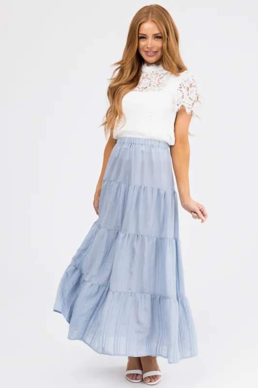 Powder Blue Textured Tiered Maxi Skirt sold by Lime Lush