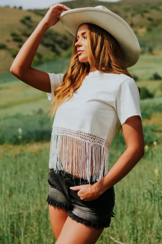 Off White Short Sleeve Fringe Detail Top sold by Lime Lush