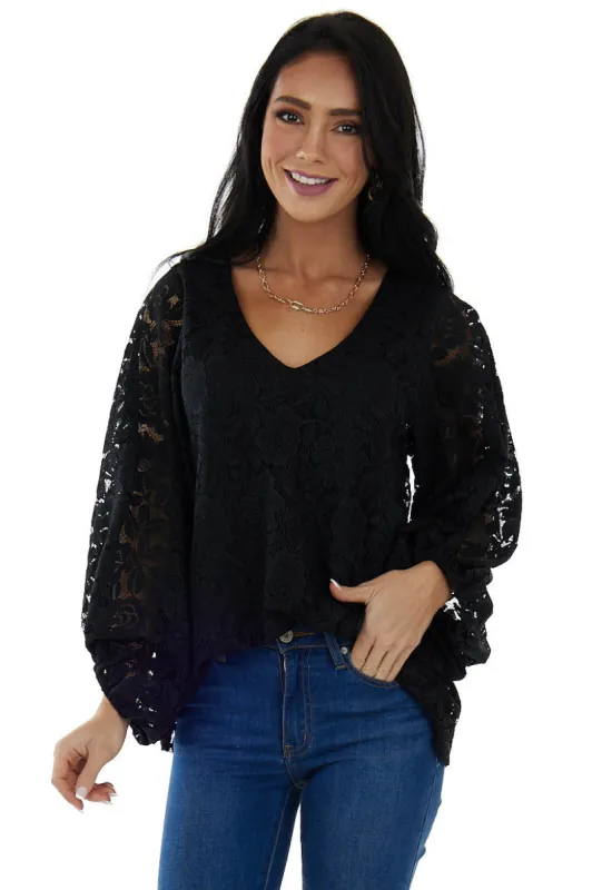 Black Floral Lace Long Bubble Sleeve Blouse sold by Lime Lush