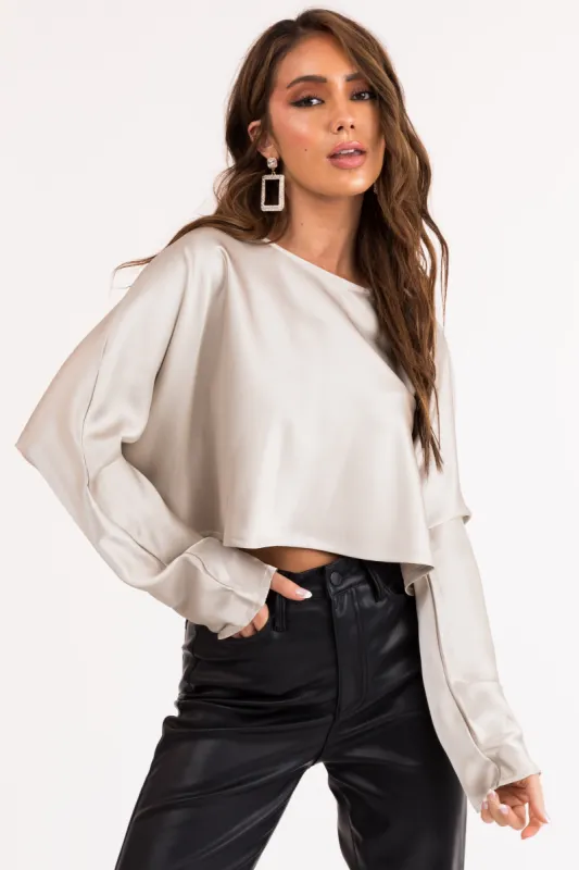 Coconut Long Sleeve Shiny Satin Cropped Blouse sold by Lime Lush