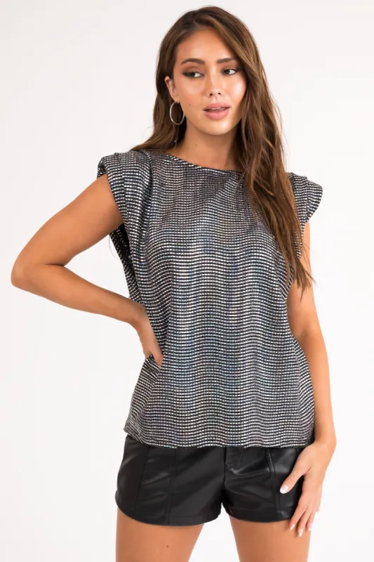 Black Cap Sleeve Top with Silver Iridescent Sequins made by Vanilla Bay