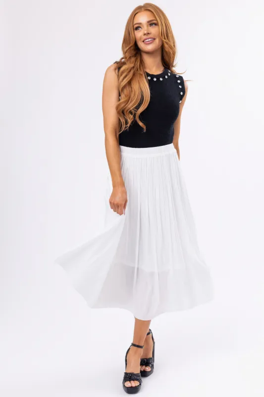 Off White Pleated Elastic Waistband Midi Skirt sold by Lime Lush