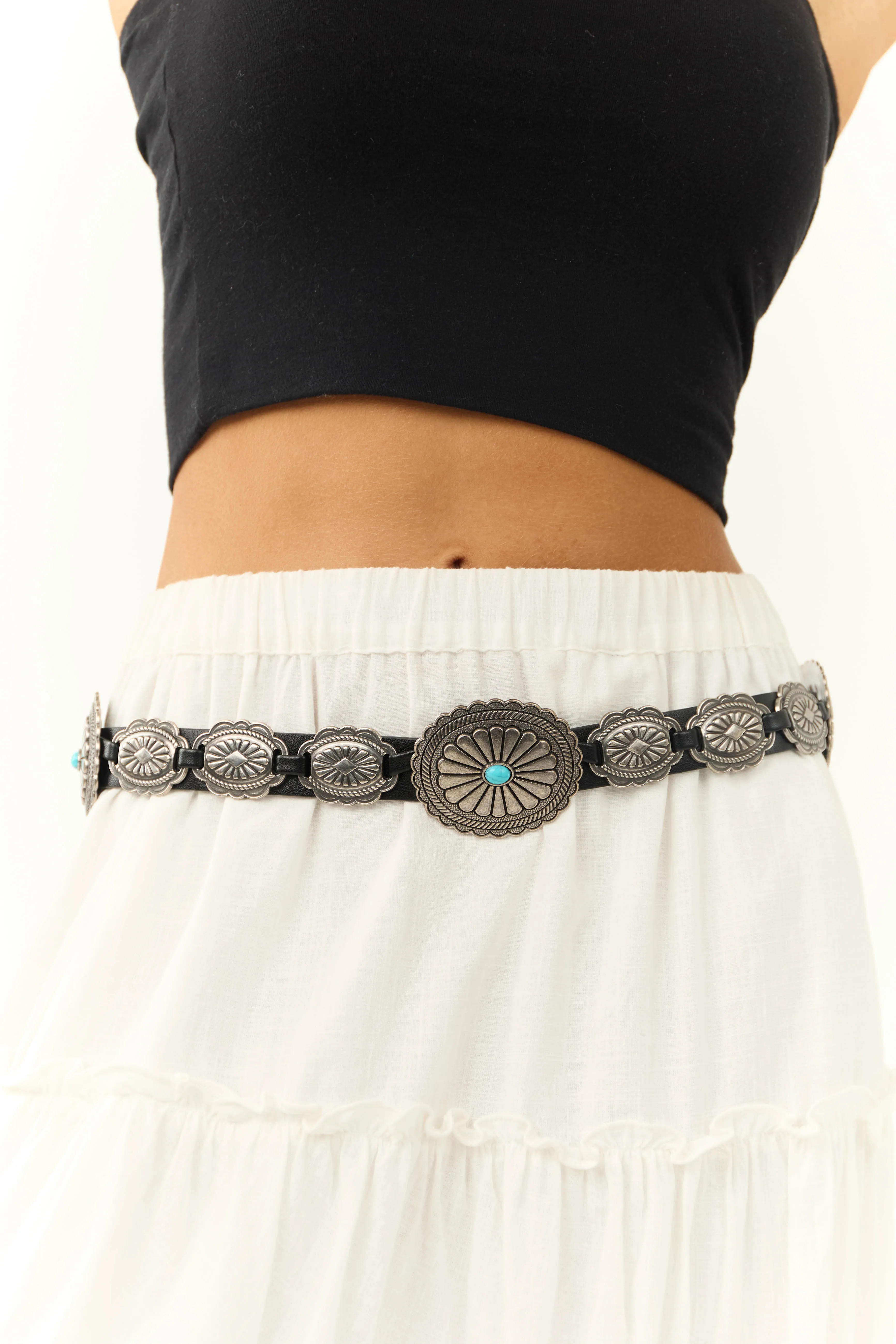 Black Concho Western Belt with Turquoise Detail sold by Lime Lush