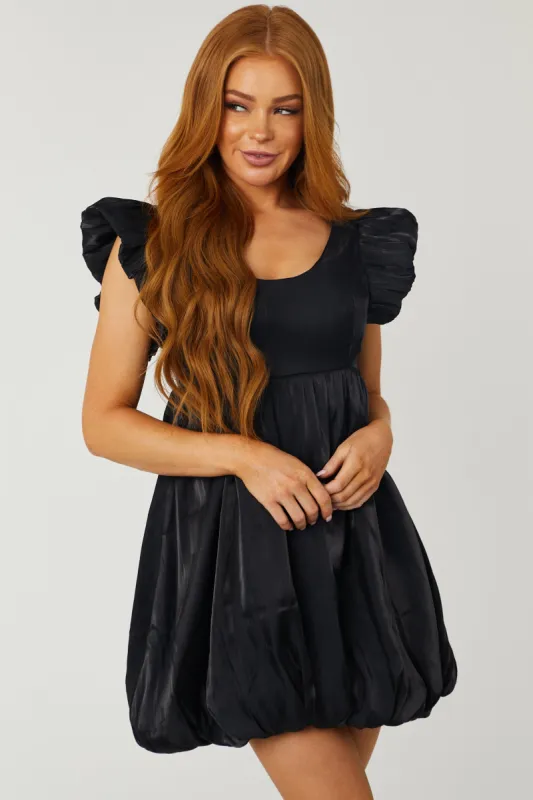 Black Metallic Satin Bubble Hem Mini Dress sold by Lime Lush