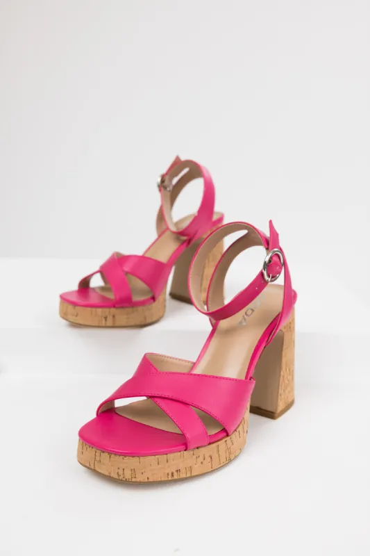 Hot Pink Ankle Strap Cork Platform Heels sold by Lime Lush