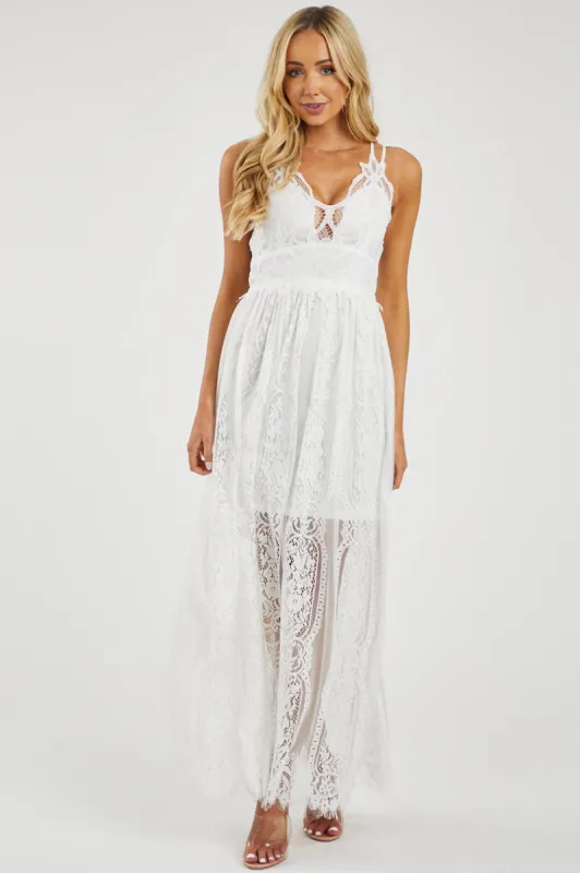 Ivory Lace Maxi Overlay Sleeveless Dress with Plunging Neck sold by Lime Lush
