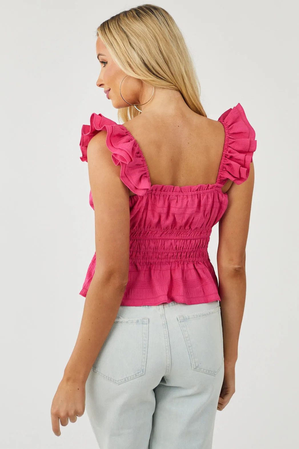 Raspberry Elastic Smocked Waist Sleeveless Woven Top sold by Lime Lush product image thumbnail 4