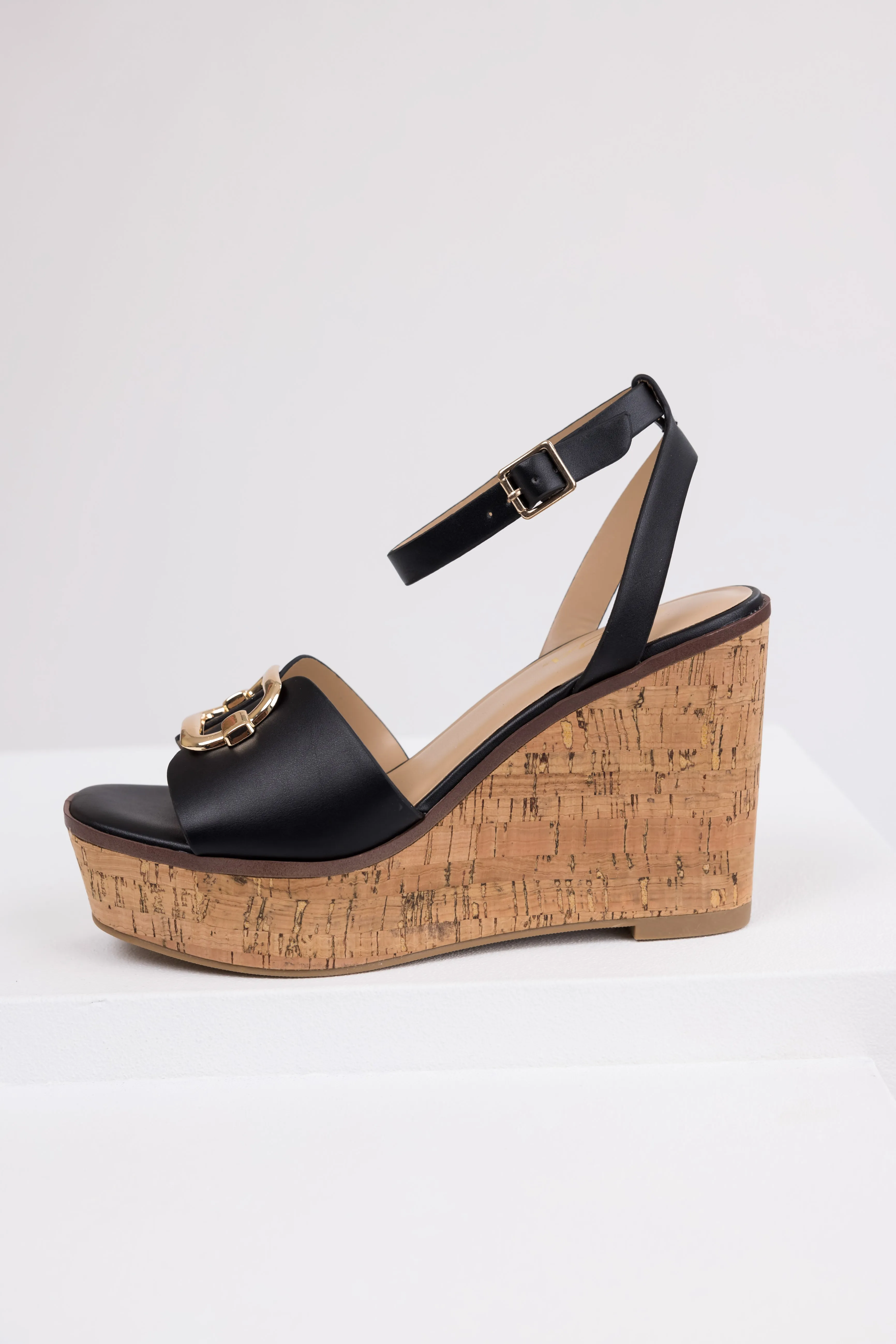 Black Open Toe Wedges with Gold Buckle Detail sold by Lime Lush product image thumbnail 4