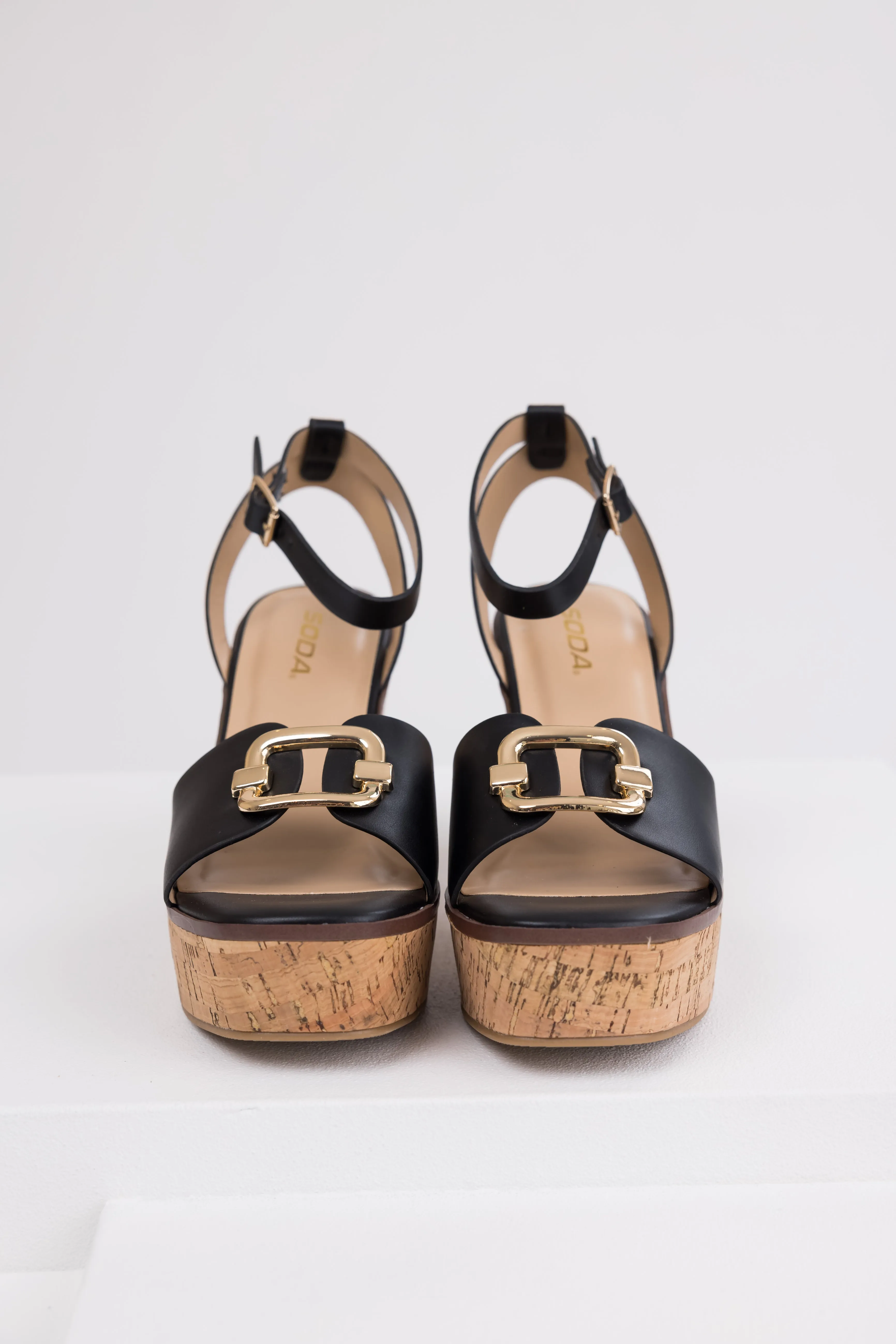 Black Open Toe Wedges with Gold Buckle Detail sold by Lime Lush product image thumbnail 2