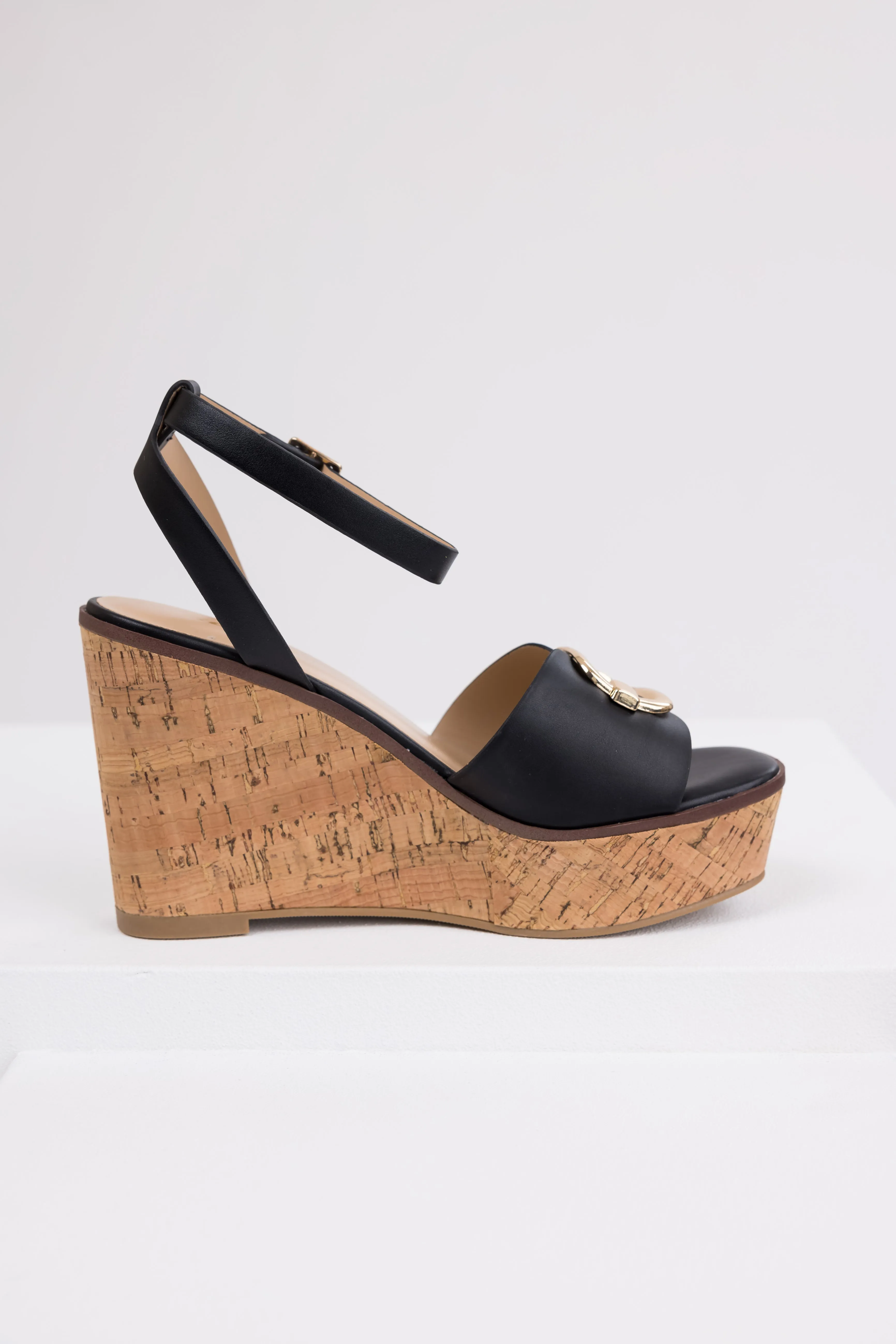Black Open Toe Wedges with Gold Buckle Detail sold by Lime Lush product image thumbnail 5