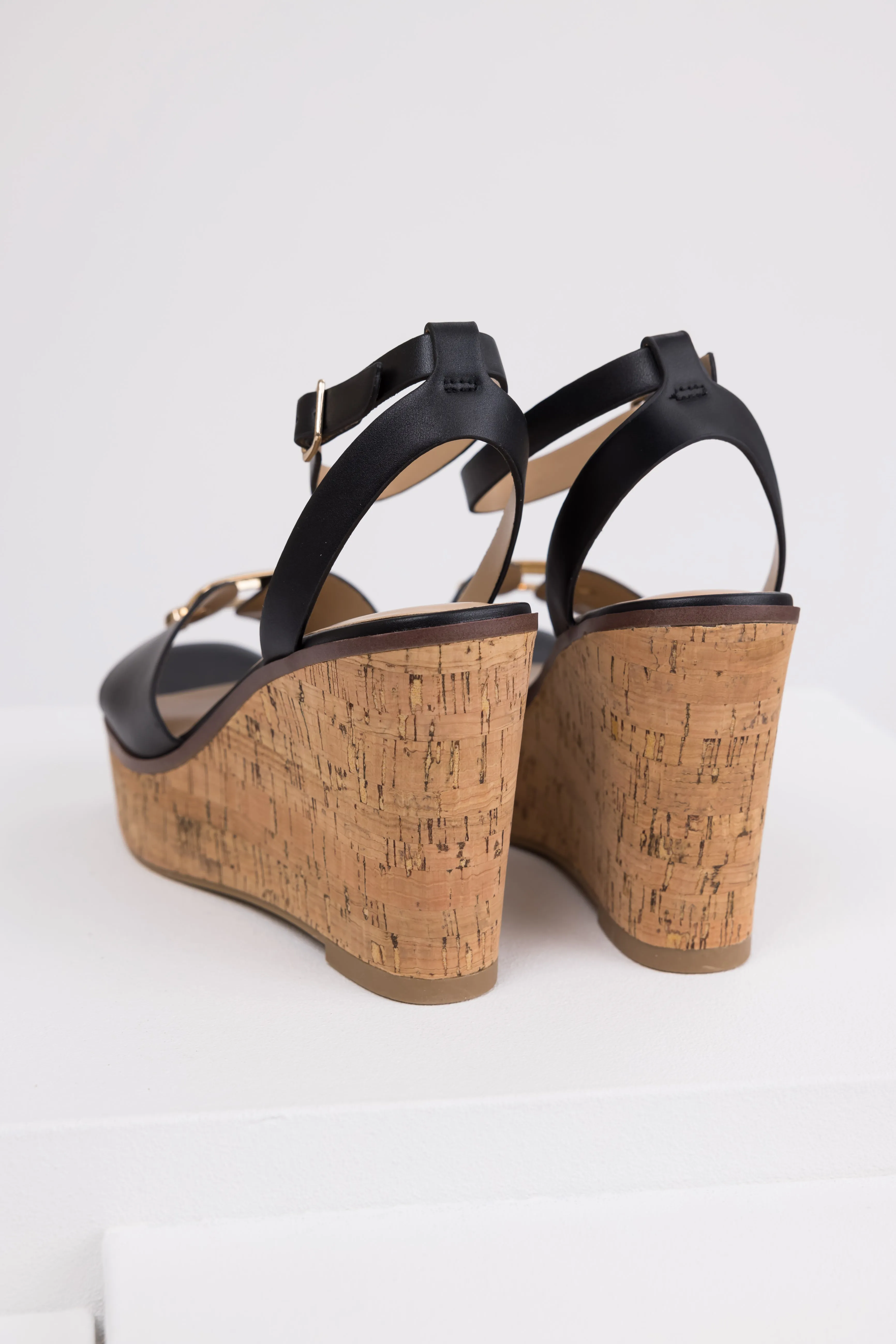 Black Open Toe Wedges with Gold Buckle Detail sold by Lime Lush product image thumbnail 3
