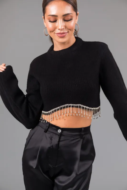 Black Rhinestone Hemline Cropped Sweater sold by Lime Lush