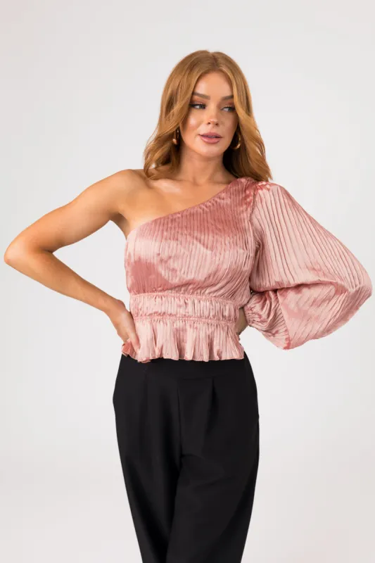 Dusty Blush Sheen Pleated One Shoulder Blouse sold by Lime Lush