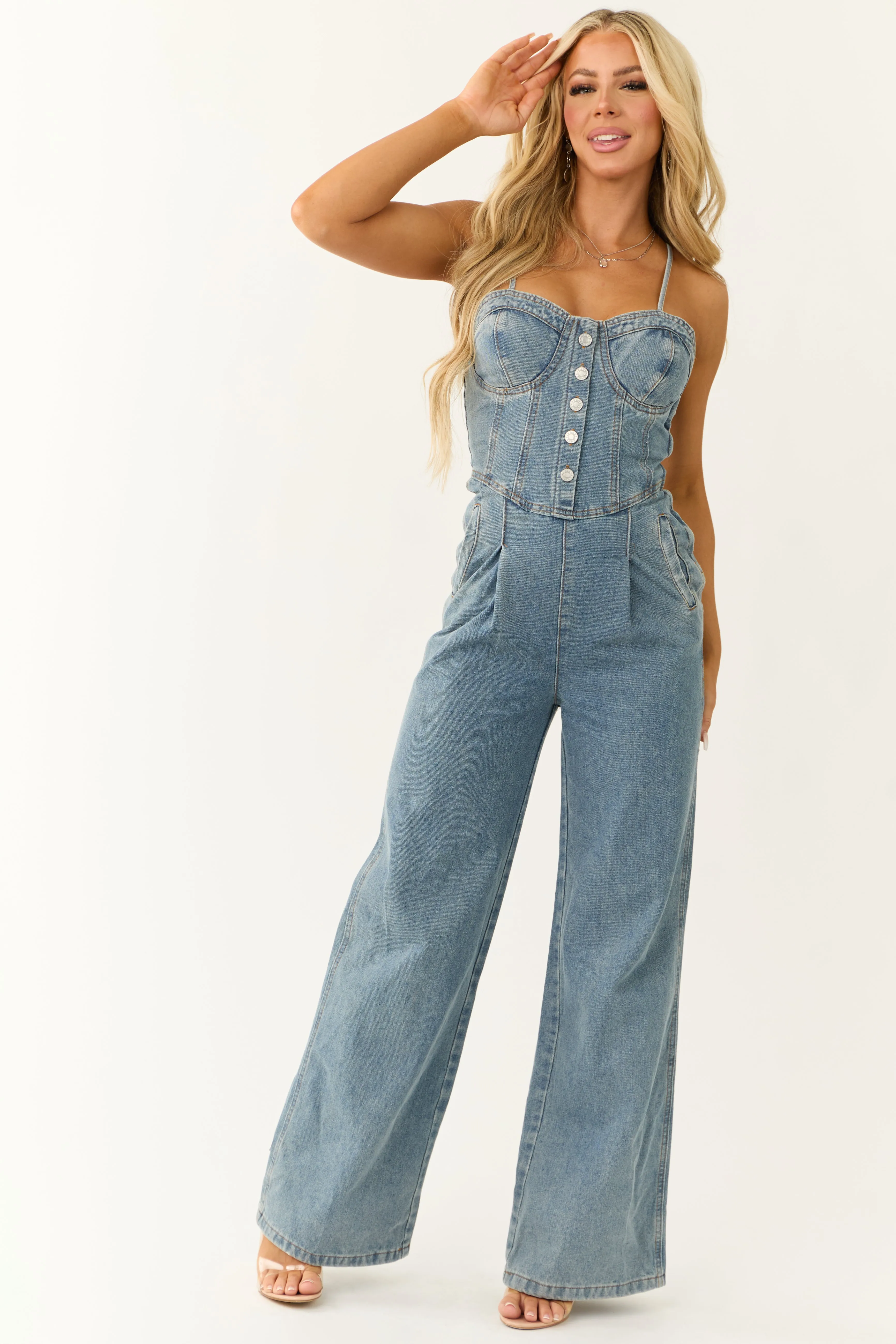 Medium Wash Denim Sweetheart Neck Jumpsuit sold by Lime Lush product image thumbnail 2