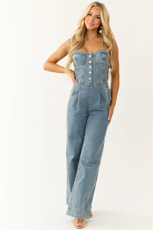 Medium Wash Denim Sweetheart Neck Jumpsuit sold by Lime Lush
