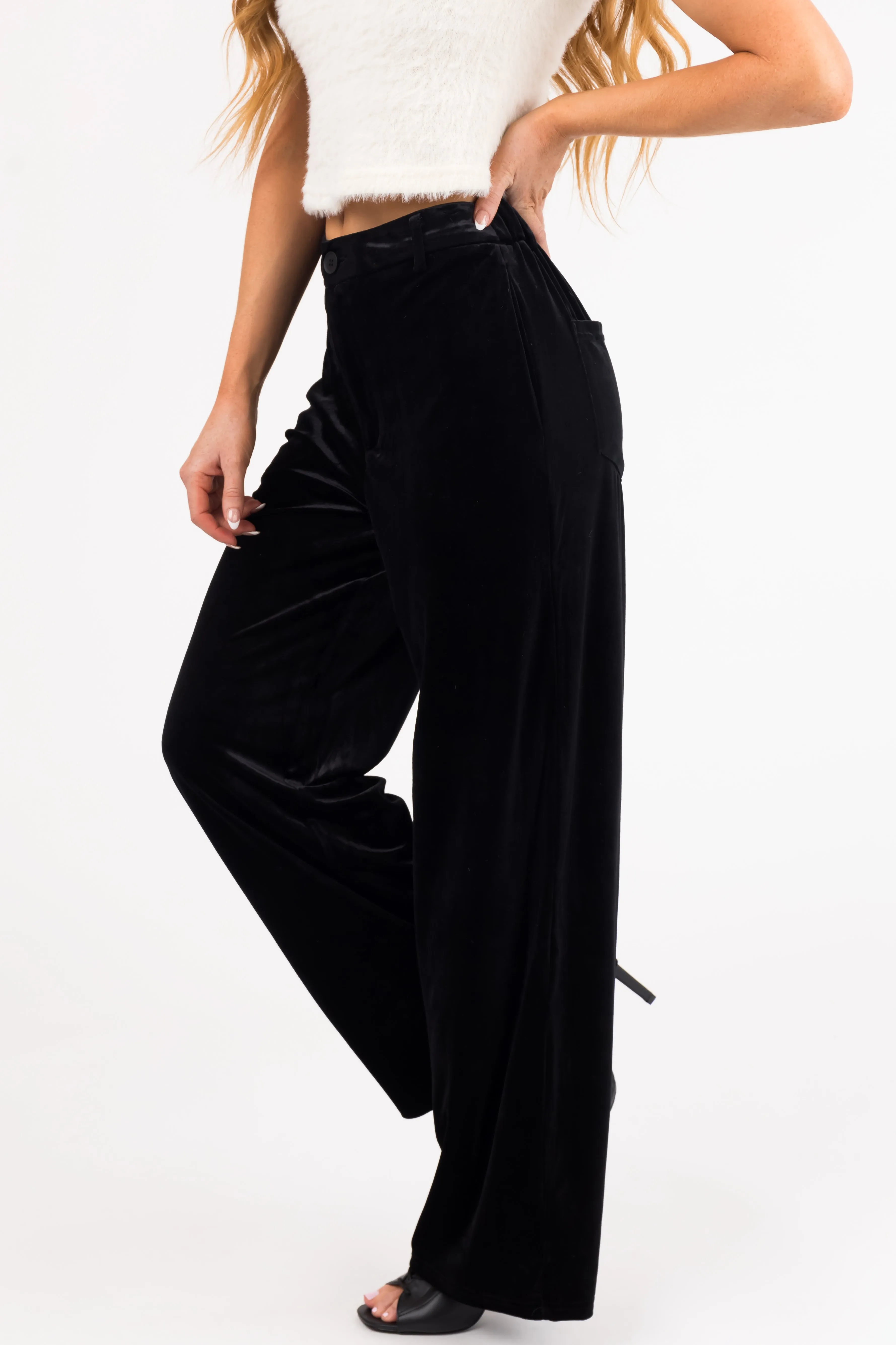 Black Velvet Wide Leg High Waisted Pants sold by Lime Lush product image thumbnail 3