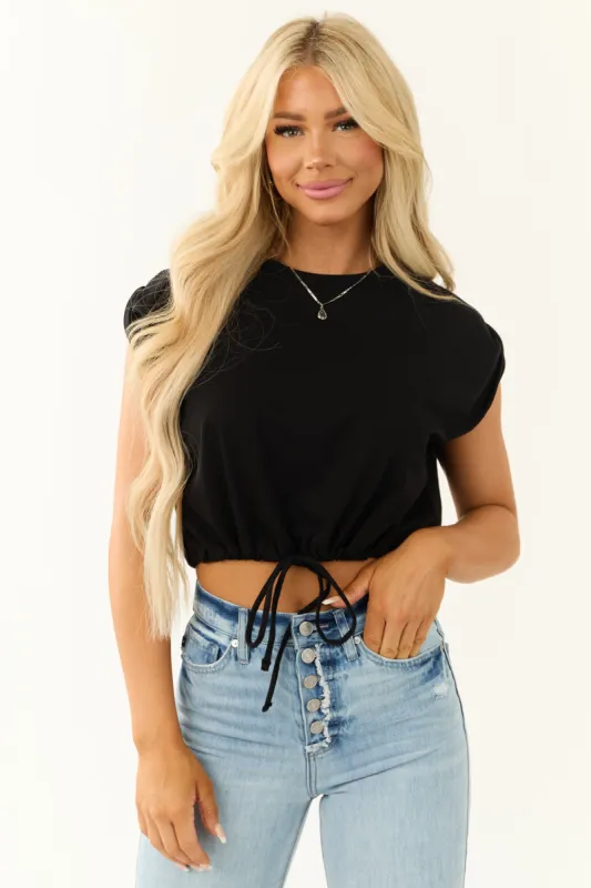 Black Drawstring Hem Cap Sleeve Crop Top sold by Lime Lush
