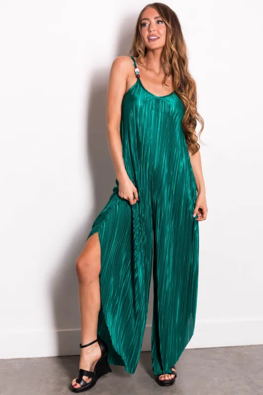 Hunter Green Plisse Flowy Jumpsuit sold by Lime Lush