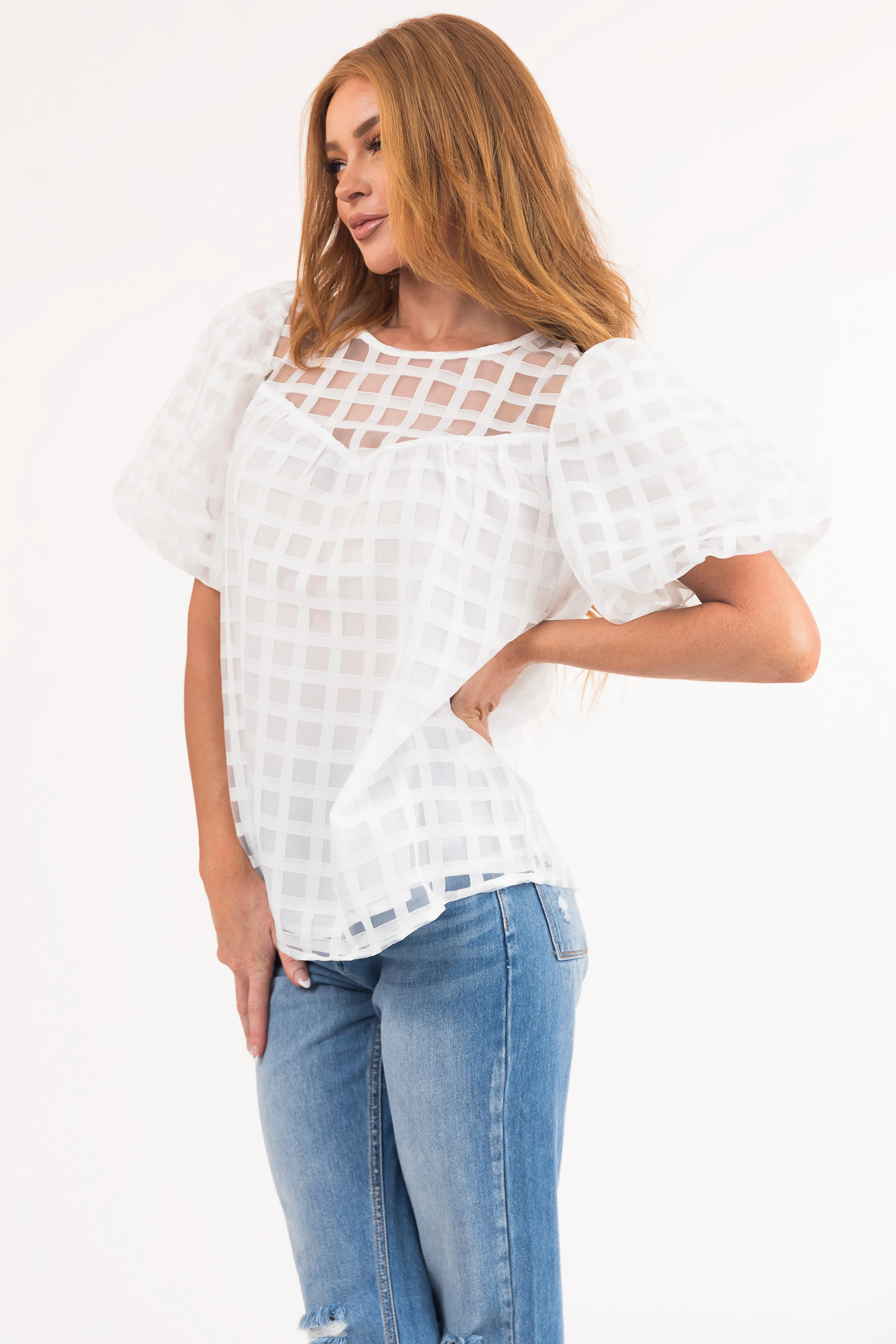 White Gingham Textured Puff Sleeve Yoke Woven Top sold by Lime Lush product image thumbnail 4