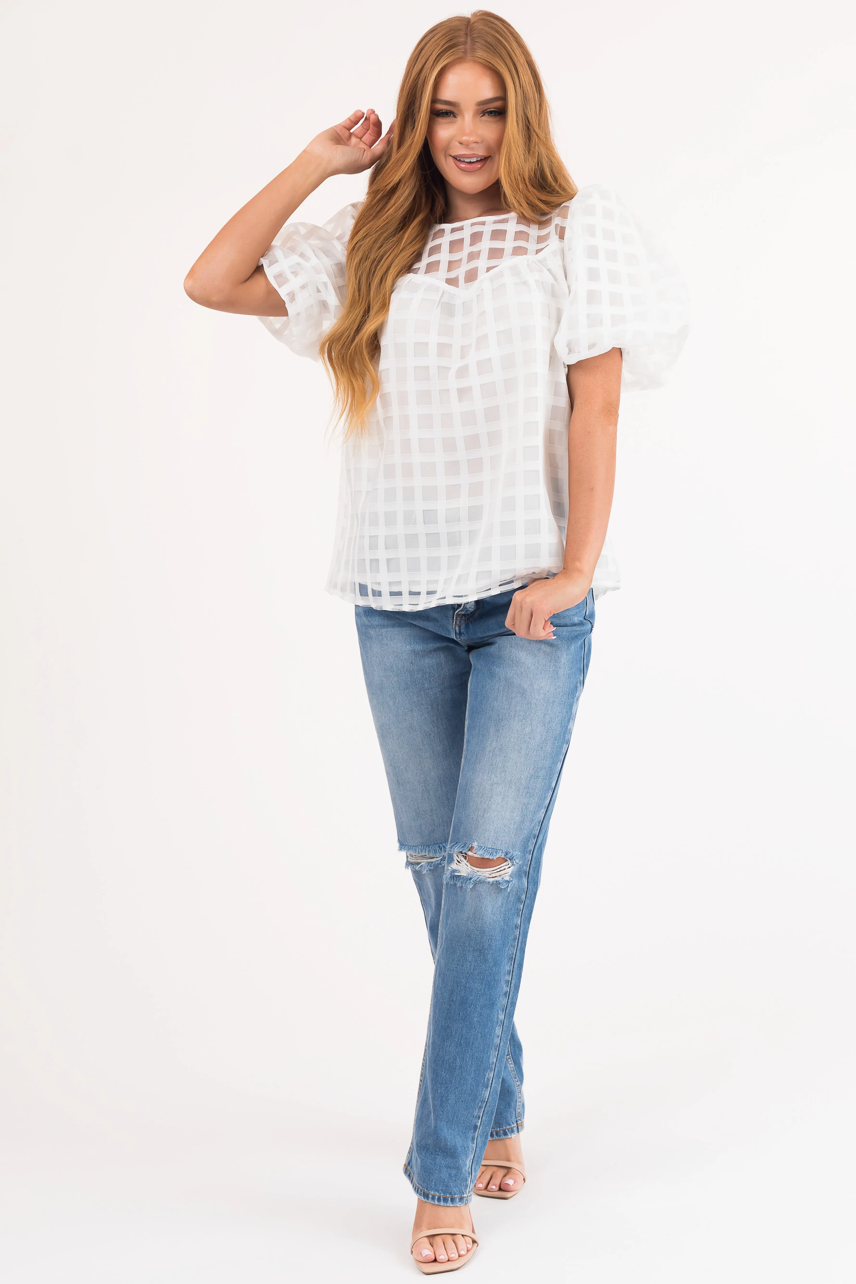 White Gingham Textured Puff Sleeve Yoke Woven Top sold by Lime Lush product image thumbnail 3