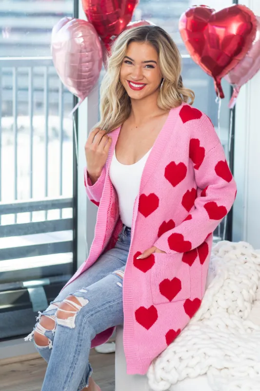 Carnation Heart Print Open Front Knit Cardigan sold by Lime Lush