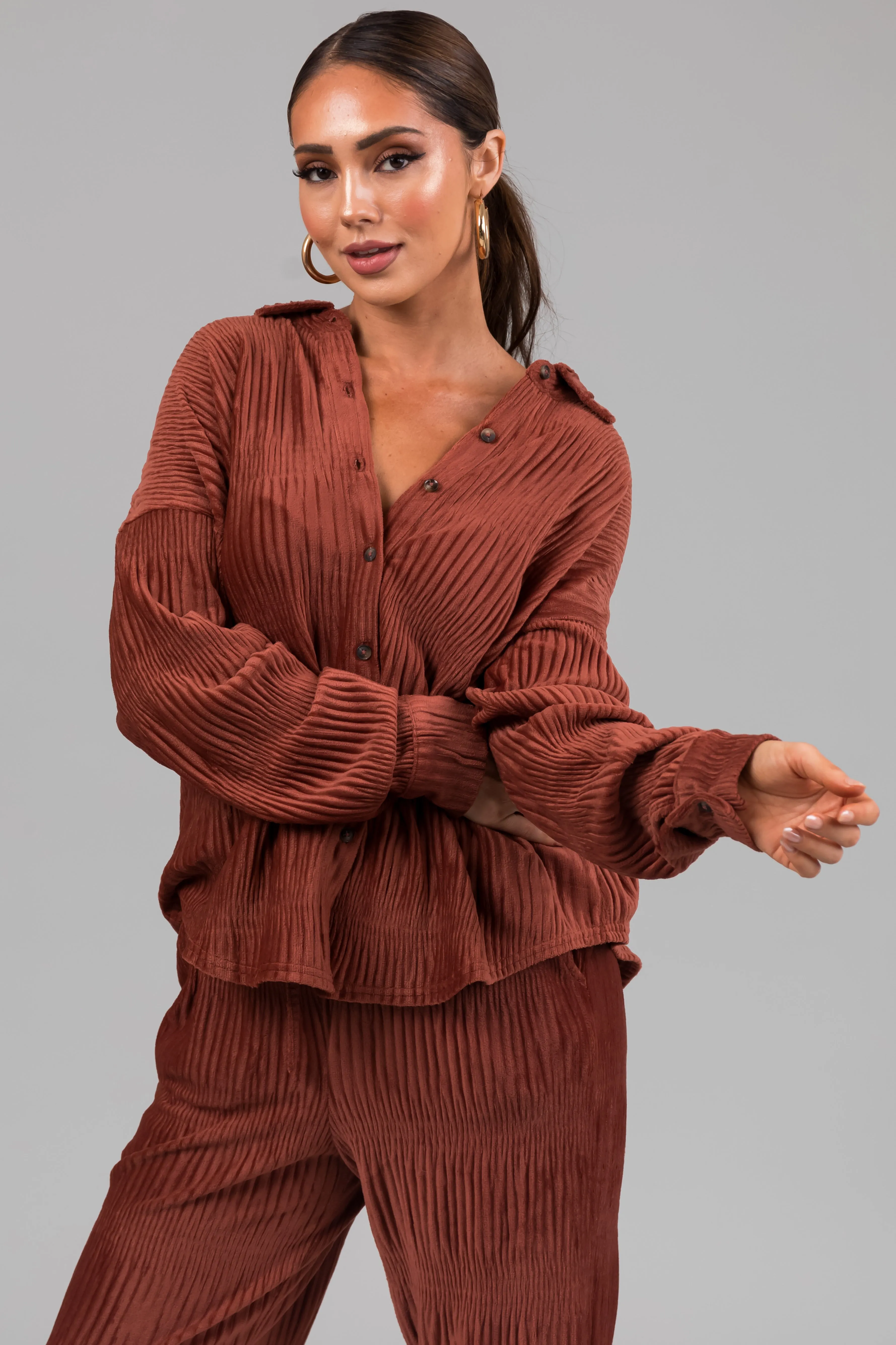 Marsala Super Soft Crinkle Velvet Button Up Top sold by Lime Lush product image thumbnail 2